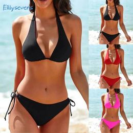 Women's Swimwear Solid Colour Bikini Set Low Waisted Deep V Halter Neck Lace-Up Bra With Pads Sexy Separate Side Tied Beachwear