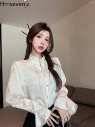 Women's Blouses Chinese Button Jacquard Flare Sleeve Shirts Women Tops Spring Vintage Loose Long White Female Clothing