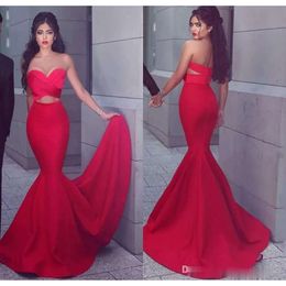 Dresses 2021 Red Mermaid Evening Satin Cutaway Waist Sweep Train Covered Buttons Back Custom Made Prom Gown Celebrity Party Wear Vestidos