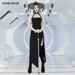 Casual Dresses PUNK RAVE Women's Gothic Daily Asymmetric Hem Long Dress Slim Sexy Party Club Cotton Women Black Summer