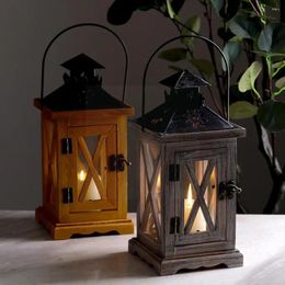 Candle Holders European Style Retro Wooden Holder Iron Art Candlestick Decor Party Lantern Living Lamp Home Wind Room H6a5