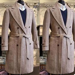 Suits Men Belt Made Wool With Custom Handsome Double Breasted Tuxedos Peaked Lapel Blazer Foamal Business Long Coat