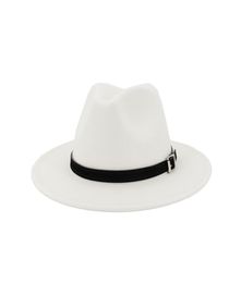 Men Women Wide Brim Wool Felt Fedora Panama Hat with Belt Buckle Jazz Trilby Cap Party Formal Top Hat In Whiteblackyellow7047534