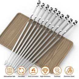 Accessories 12pcs 38cm Stainless Steel Barbecue Skewer Sticks Bbq Forks Set Long Handle Kabob Skewers Flat Heavy Duty Outdoor Camping Tools