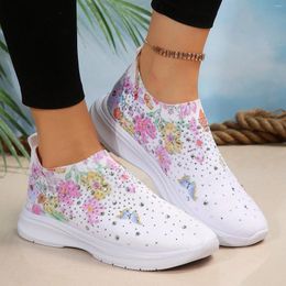 Casual Shoes Ladies Printed Rhinestones Decorated Breathable Elastic Mesh Flat Sports Low Cut Sneaker Socks Women Zapatillas