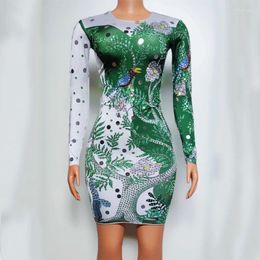 Stage Wear White Green Patchwork Rhinestones Dress Women Long Sleeves Sequins Jazz Dance Outfit Party Evening Costume