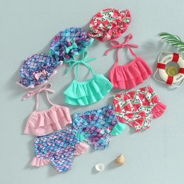 Swimwear Kid Girls Bikini Swimsuit Sleeveless Halter Neck Swimwear Ruffle Crop Tops Vest Shorts Infant Bathing Suit with Hat