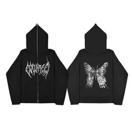 Men's Hoodies Sweatshirts Butterfly Y2K Gothic full face zippered retro hip-hop hoodie and sweater oversized Harajuku street womens and mens clothing Q240506