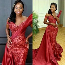 Red Sparkly Evening Dresses Dark Mermaid Sequins Off The Shoulder With Overskirt Sweep Train Custom Made African Plus Size Prom Party Gown Vestido