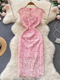 Casual Dresses Korean Fashion Women Pink Lace Dress 2024 Summer O-Neck Sleeveless Hollow Out Slim Midi Party Bodycon Elegant Clothes