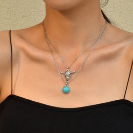 Chains Fashionable Lake Water Turquoise Animal Cow Pendant Double Layer Necklace For Men And Women Trend Exquisite Leisure Jewelry