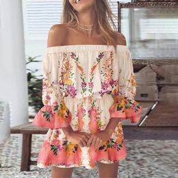 Casual Dresses Women'S Dress 2024 Beach Sexy Off Shoulder Tunic Sundresses Loose Fit Bell Sleeve Mini Floral Woman Clothing