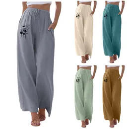 Women's Pants Women Print High Waist Wide Leg Fashion Drawstring Elastic Casual Trousers Comfy Straight For Summer Streetwear