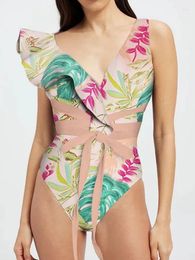 Botanical Print Women Beach Wear 1 Piece Swimsuit And Women's Dress 2024 Summer Female Swimwear One Shoulder Sexy Tankini