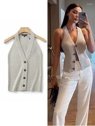 Women's Knits TRAFZA Neck Knit Vest Sleeveless Cardigan Jacket Casual V-Neck Off-Shoulder Lace-up Slouchy French Sweater