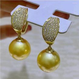 Stud Earrings Large Quantity Of 11-10mm Genuine Natural Round South China Sea Gold Pearl 925s