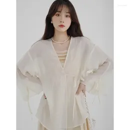 Women's Knits Deeptown Solid Lace Up Oversized Chiffon Cardigan Women V Neck Shirt See Through Summer Blouse Korean Fashion Elegant Casual