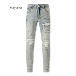 American 2024 Amiirii Fashion Jean Purple Demin Jeans High Mens Street 고민 천공 된 라이브 NHLR