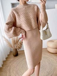 Work Dresses Sexy Two Piece Set Women Korean Pullovers Sweater Loose Blouse 2024 Autumn Winter Knitted Camisole Dress Office Lady 2pcs Suits