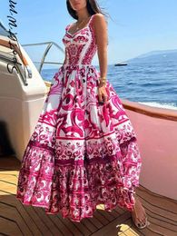 Womens sexy printed pendant dress fashionable V-neck backless high waist large hem Midi Vesido summer womens fashionable vacation dress 240423