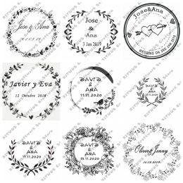 Sculptures 40mm Round Personalized Stamp 18 Styles Option Self Inking Custom Wedding Stamp with Personal Name and Date for Invitation Cards