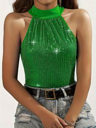 Women's Tanks Sequined Tie Green Halter Tops Elegant Bling Sleeveless Blouses For Summer Women Disco Evening Party Sparyle Clothing
