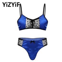 Suits Men Satin Lingerie Suit Sissy Nightwear Sheer Mesh Patchwork Adjustable Strap Bra Tops with Briefs Thongs Male Sexy Underwear