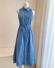 Casual Dresses Top End Women Fashion Cotton Blue Lace-up Maxi Tank Dress Elegant Lady All Match Polo Collar Sleeveless Slim Long