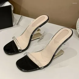 Slippers Summer 2024 Women's Fashion Open Toe Transparent Narrow Strap Shaped Heel Leather Beach Dress High Heels