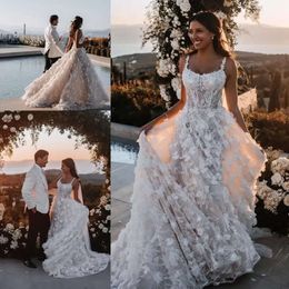 Applique 3D Dresses Gorgeous Floral Wedding Boho Bride Gown Spaghetti Straps Sweep Train Plus Size Custom Made Zipper Back Beach Vestido De Novia