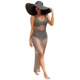 Women Beach Wear 2018 New Women Fishing Net Mesh Perspective Split Swim Wear Soild Dp V Beach Maxi Dress Hollow Out Sexy Beachwear Plus Size Y240504