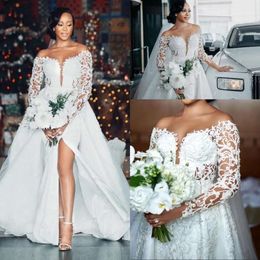 Dresses Sleeves Designer Long Wedding Bridal Gown With Overskirt Off The Shoulder Side Slit Tulle Beaded Lace Applique Pearls Custom Made Plus Size Vestidos De