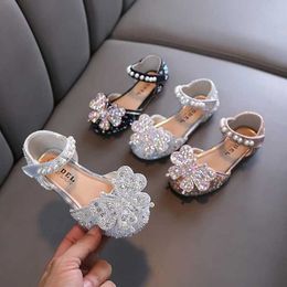 Sandals Fashion Kid Leather Shoes Sequin Pink Princess Crystal Flats Sandals Hook Loop Non-slip Shallow Children Girl Dress Mary Janes