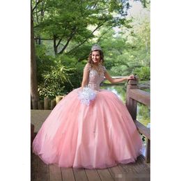 Quinceanera vestidos lantejoulas de miçanga rosa Vestido de bola de bola doce 16 aniversário Aplique V vestido de concurso de pescoço personalizado feito sob medida