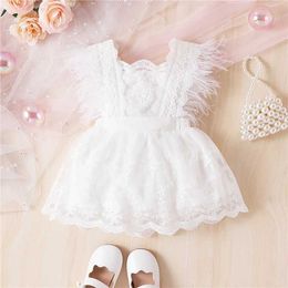 Girl's Dresses Summer Toddler Baby Girls Princess Dress Tulle Feather Sleeveless Cotton Lace Floral Infant Children Girls Birthday DressL2405