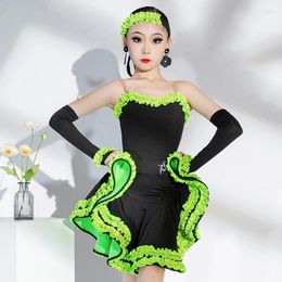 Stage Wear Kids Latin Dance Dress For Girls Practice Green Ruffles Competition Clothing Cha Rumba Performance Costume L12516