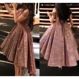 Sparkly Rose Sequins 2021 Gold Evening Dresses Elegant Off The Shoulder High Low Corset Back Custom Made Tail Party Prom Gowns Vestidos