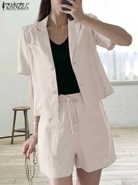 Women's Shorts ZANZEA Fashion Urban Tracksuit Summer Elegant Matching Set 2PCS Short sleeved Shirt Womens Casual Solid Set WX