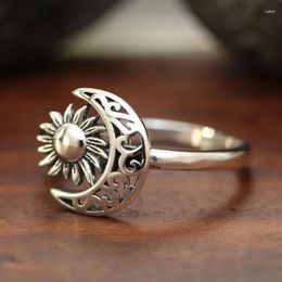 Cluster Rings Vintage Simple Moon Sun Ring For Women Creative Delicate Antique Silver Color Party Holiday Jewelry Accessories