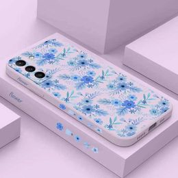 Cell Phone Cases Blue Floral Silicone Phone Case For Galaxy S23 S22 S21 S20 S23FE S21FE S22 Plus S23 Plus S23 Ultra S10 Note 20 10 Cover