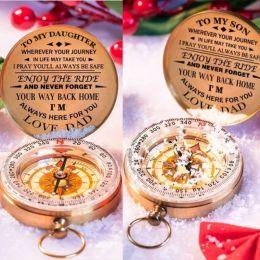 Miniatures Dad To Son/Daught Copper Compasses Gift for Camping Hiking The Ride Brass Compass Retro Pocket Watch Style Portable Outdoor Tool