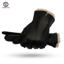 Gloves Handed Deerskin Gloves Men Warm Soft Men's Black Corrugated Gloves 70% Wool Lining Warm in Autumn and Winter Man Mitten