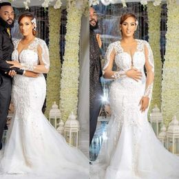 Elbiseler artı denizkızı düğün boyutu gelin elbisesi Arap uzun kollu dantel aplike kristalleri süpürme tren özel yapım tasarımcı seksi illüzyon vestido de novia