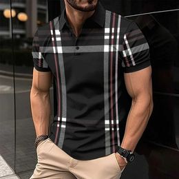 Men's Polos Summer Men Polo Shirt Plaid Printed Business Casual Simple Lapel Button Shirts Oversized Short Slve Outfits Fashion Tops T240505