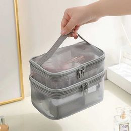 Cosmetic Organizer Grey Double Layer Mesh Cosmetic Bag Women Portable Make Up Case Big Capacity Travel Zipper Makeup Organizer Toiletry Storage Box Y240503