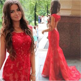 Prom Mermaid 2021 Dresses Red Backless Lace Beaded Sweep Train Scoop Neck Sleeveless Custom Made Evening Party Gowns Plus Size Vestidos
