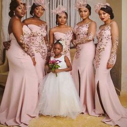 2021 가벼운 드레스 핑크 신부 들러리 긴 슬리브 인어 측면 슬릿 자수 스위프 트레인 커스텀 메이드 하녀 명예 가운