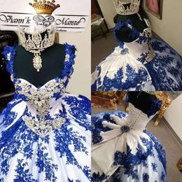 and Quinceanera Blue Royal White Dresses Staps Satin Lace Aptiqued Prom Ball Gown Custom Made Vestidosフォーマルイブニングウェアコルセットバッククリスタル