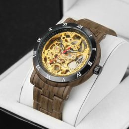 Wristwatches Forsining Design Skeleton Imitation Wood Grain Stainless Steel Belt Automatic Watches For Men Transparent Watch