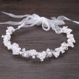 Headbands New Fashion Crystal Headband Womens Headband Handmade Wedding Hair Accessories White Pearl Flower Tiaras Crown Q240506